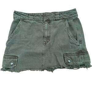 Pull & Bear Y2K Green Cargo Utility Denim Mini A-Line Festival Skirt Rave-S